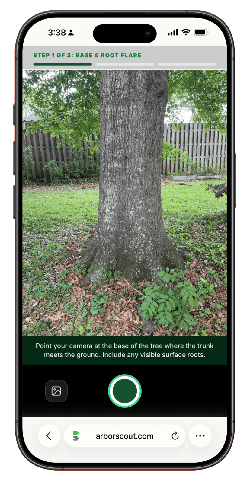 ArborScout scanning step — camera view guided by step-by-step instructions