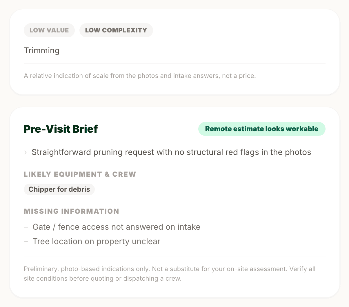 ArborScout pre-visit brief for a trimming request, marked Remote estimate looks workable, with a chipper listed as likely equipment and two missing details flagged