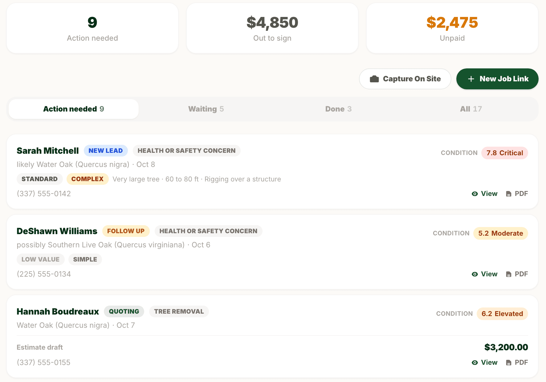 ArborScout job list showing requests tagged by value and complexity, a draft estimate, and totals for estimates out to sign and unpaid invoices
