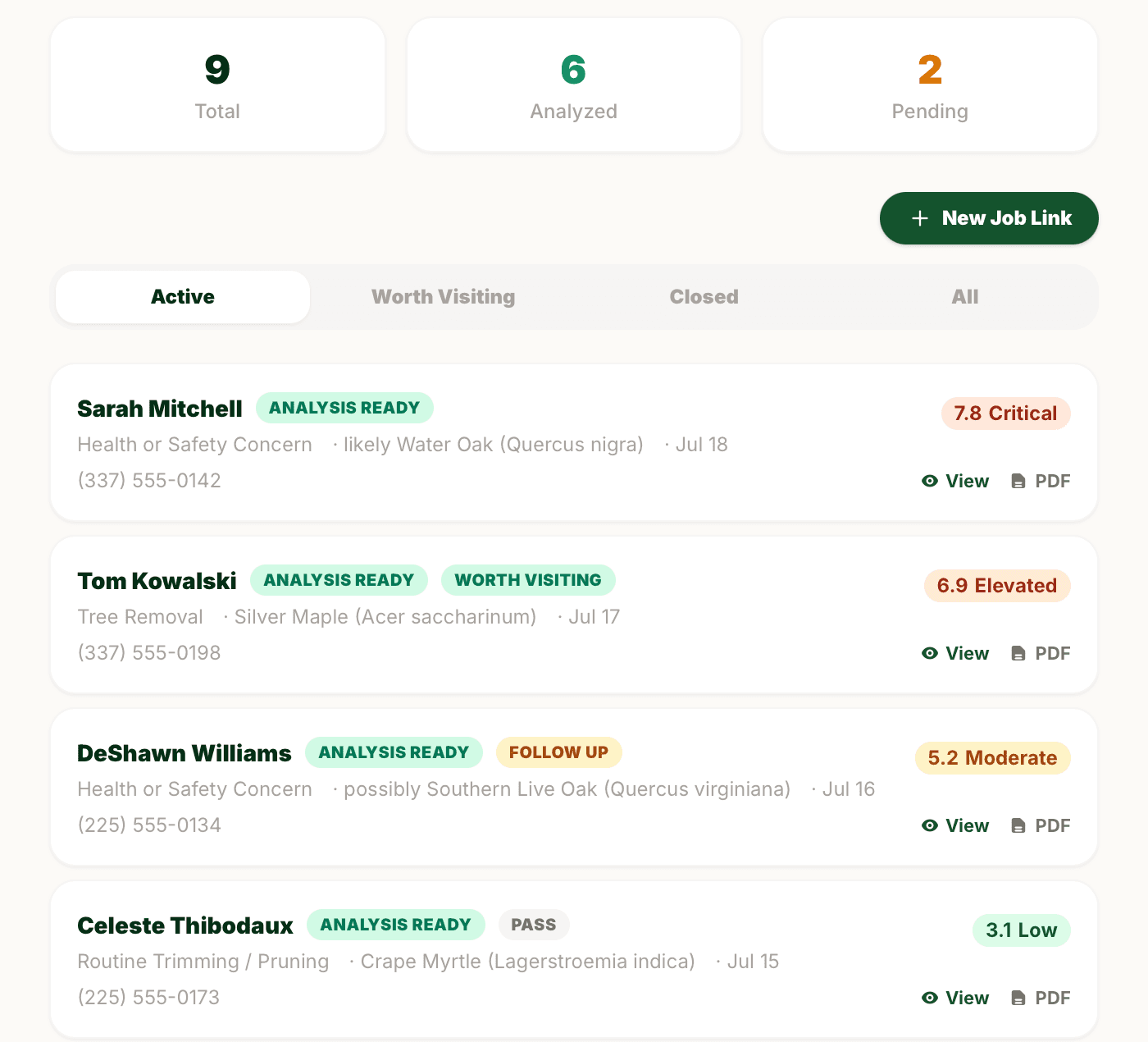 ArborScout Pro dashboard — job list with AI risk scores and triage statuses