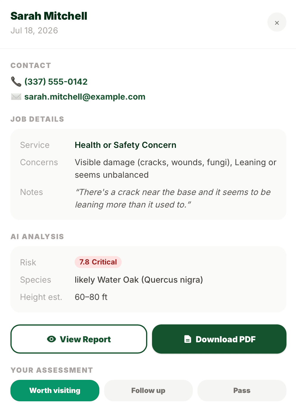 Job detail panel — customer contact, AI analysis, and triage verdict buttons